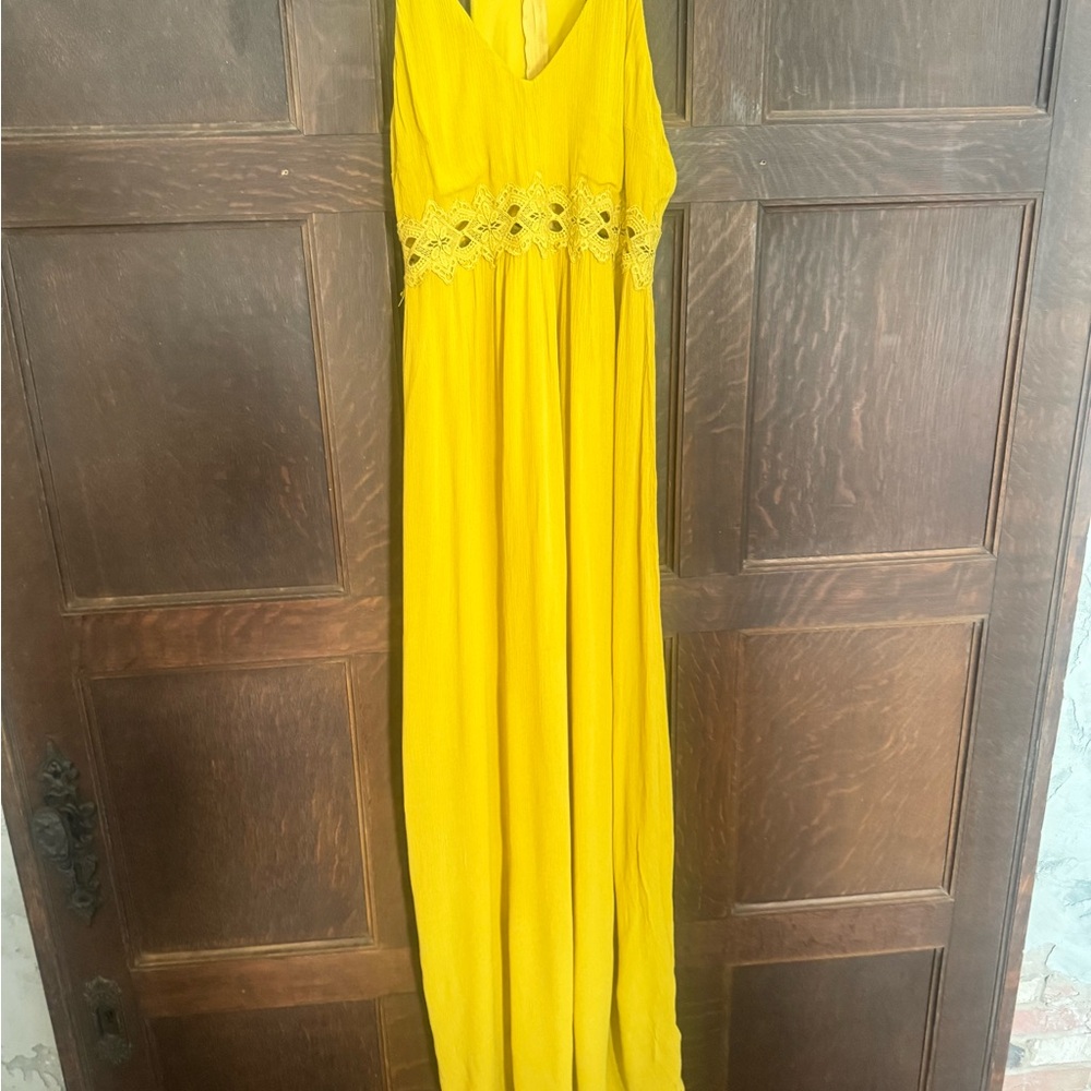 Crystal Doll Vibrant Yellow Maxi Dress with Lace Detail